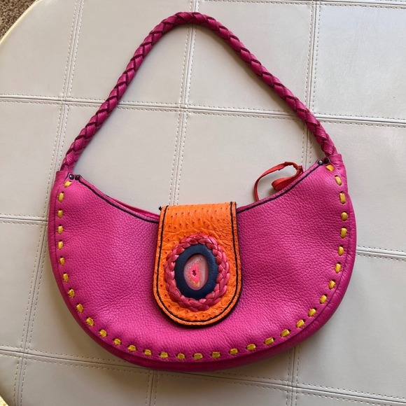 Maia Leather Hobo Bag Pink Orange Agate Stone Accent‎ Unique Design Purse - Picture 1 of 7